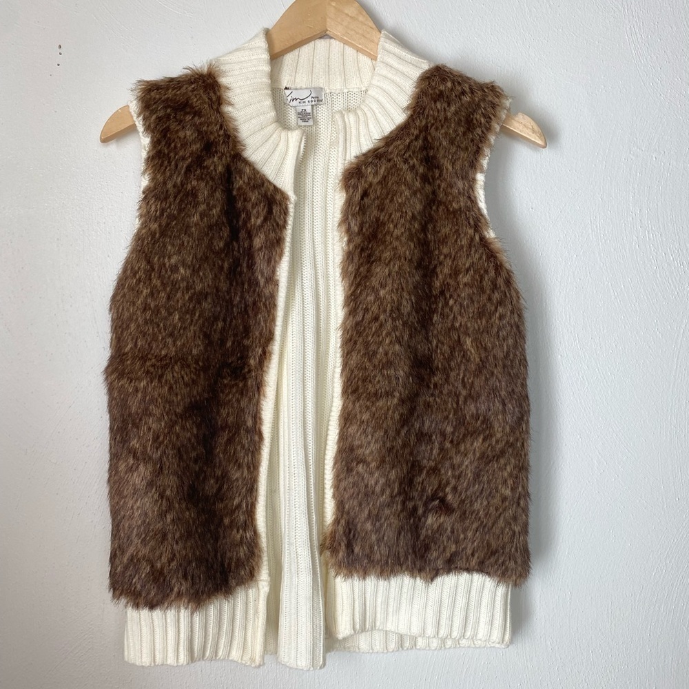 NWOT: Kim Rogers Petite Faux Fur Knit Vest. Brown/Ivory. Sz PS. - Picture 4 of 12